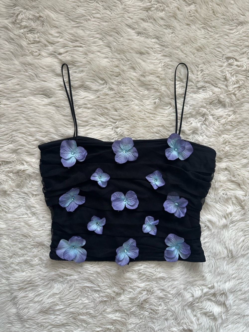 Vintage Bebe Tank Crop Top Y2K Ruched Mesh Floral Appliqué Rhinestone Black Sz S
